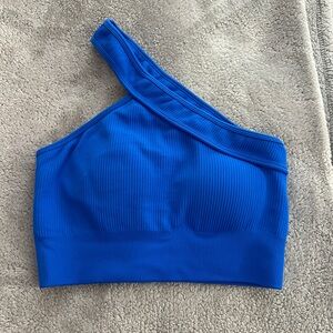 One-Shoulder Blue Ribbed Women's Workout Top